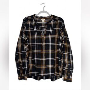 L.L.Bean Plaid Henley Blouse XL Black Mustard Preppy Fall Top